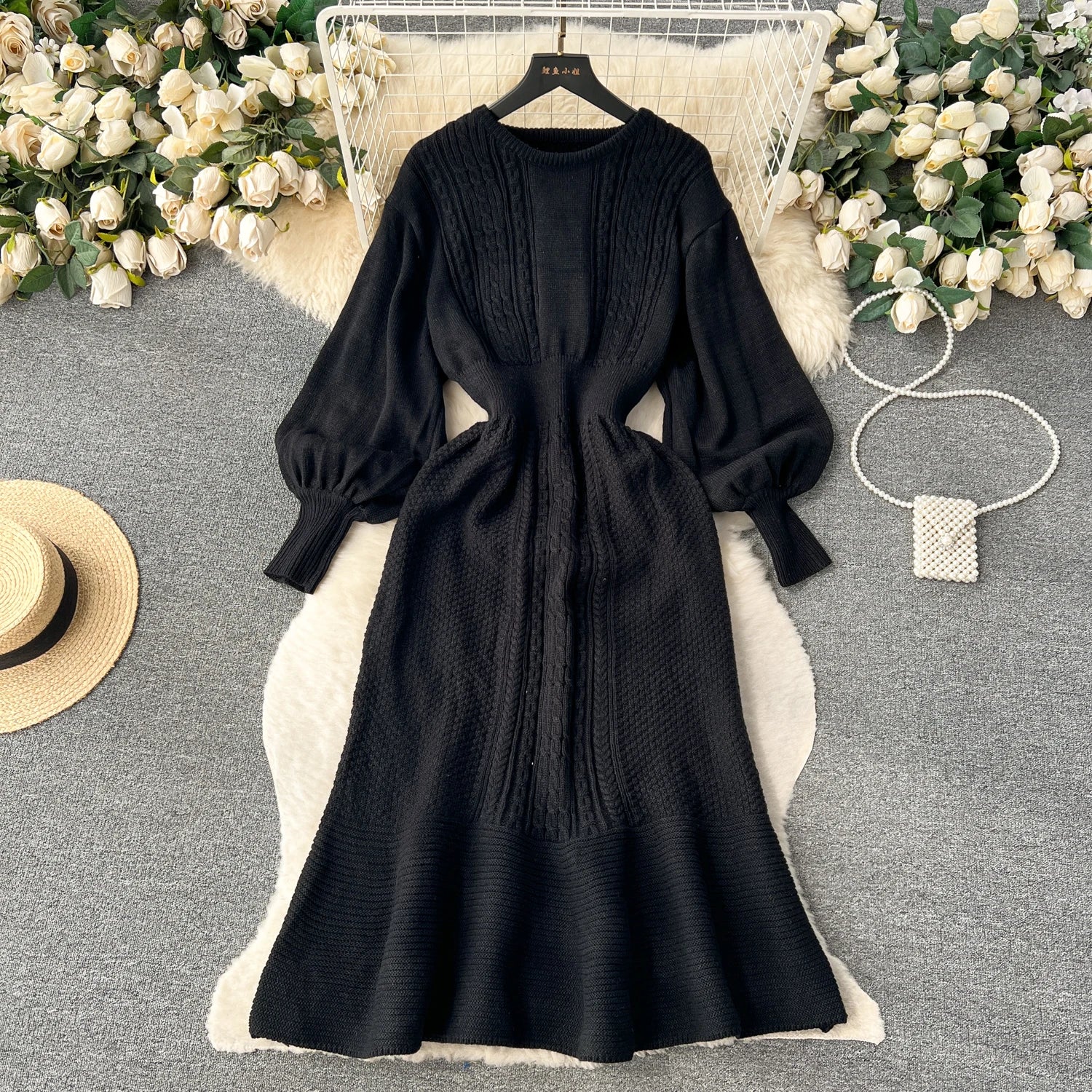 French Vintage Autumn Winter Black Beige Elegant Long Sleeve Vacation Knit Dress Women Khaki Round Neck High Waist Office Dress
