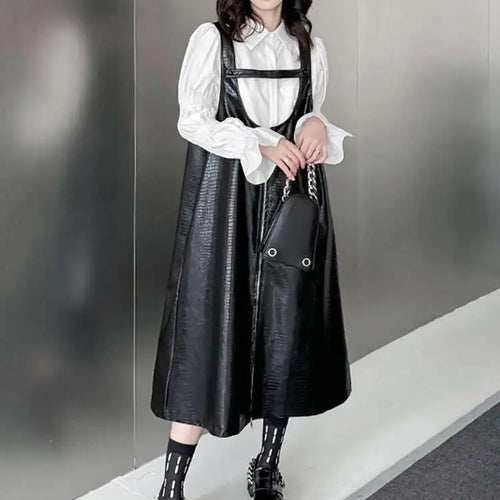 Load image into Gallery viewer, Women Black Big Size PU Leather Zipper Strap Dress New Square Collar Sleeveless Fashion Tide Spring Autumn 2025 1DH4461
