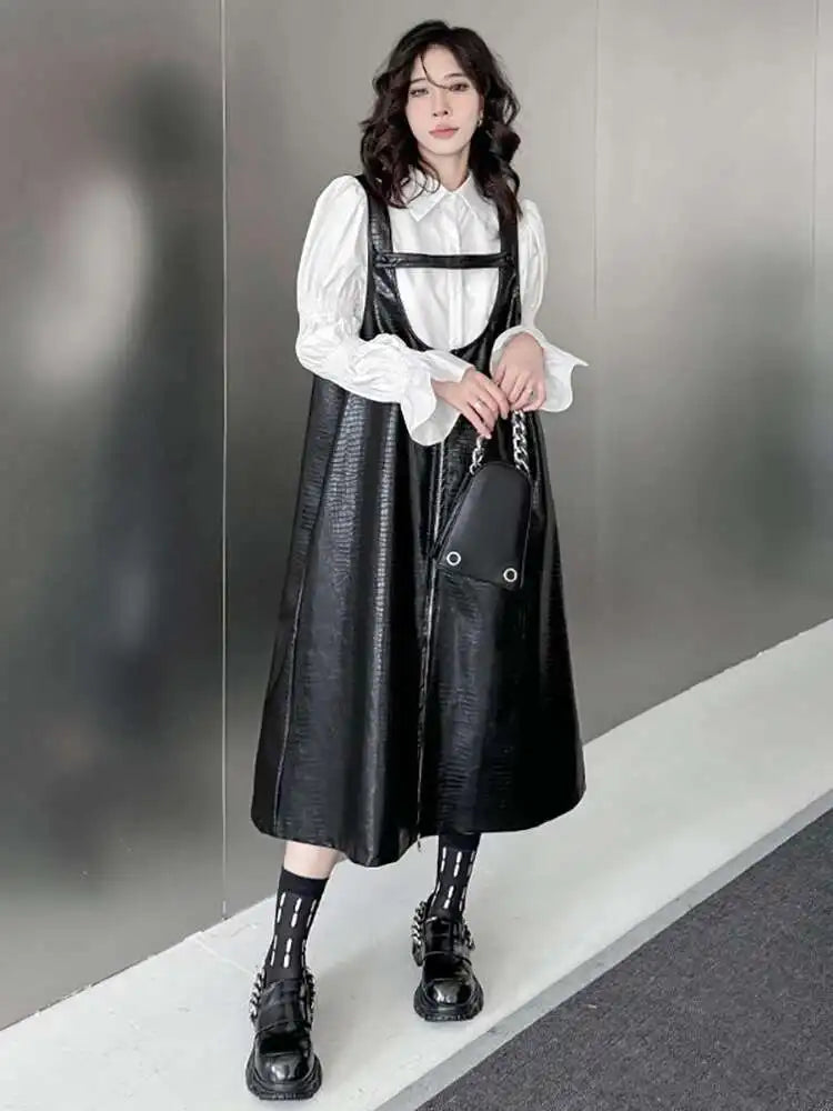 Women Black Big Size PU Leather Zipper Strap Dress New Square Collar Sleeveless Fashion Tide Spring Autumn 2025 1DH4461