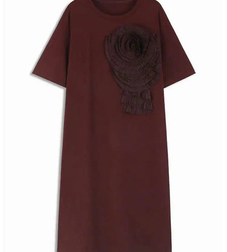 Women Wine Red Three-dimensional Flower Big Size Midi Dress New Round Neck Short Sleeve Fashion Spring Summer 2025 1DH5900