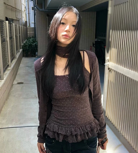 Japanese Y2k Knitted Tops Two Piece Set Vintage Harajuku Button Knit T-shirt Sets Korean 2000s Style Knitwear American