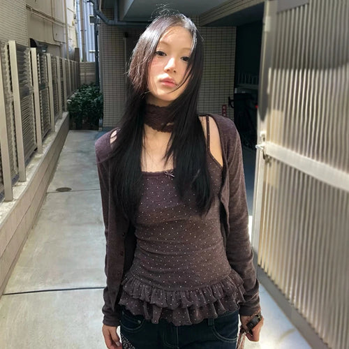 Load image into Gallery viewer, Japanese Y2k Knitted Tops Two Piece Set Vintage Harajuku Button Knit T-shirt Sets Korean 2000s Style Knitwear American
