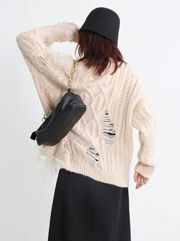 Knitting Loose Sweater For Women Round Neck Long Sleeve Patchwork Mesh Casual Pullover Female Clothing Fashion
