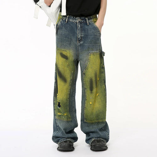 Load image into Gallery viewer, American Style Men&#39;s Jeans Worn-out Tie-dye Hole Casual Male Denim Pants Patchwork Contrast Color Menwear Tide 9C6512
