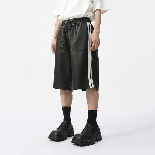 Load image into Gallery viewer, Men&#39;s PU Leather Shorts Casual Summer Side White Stripes Fashion Trend Elastic Waist Loose Male Chaparejos 9C5679
