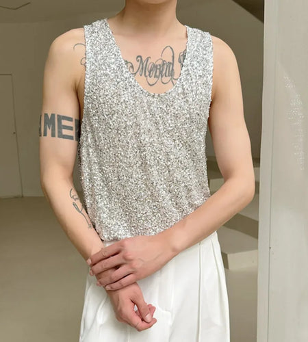 Summer Fashion Men's Tank Tops Solid Color Loose Round Neck Sleveeless Sequins Casual Male Top New Stylish 9C6109