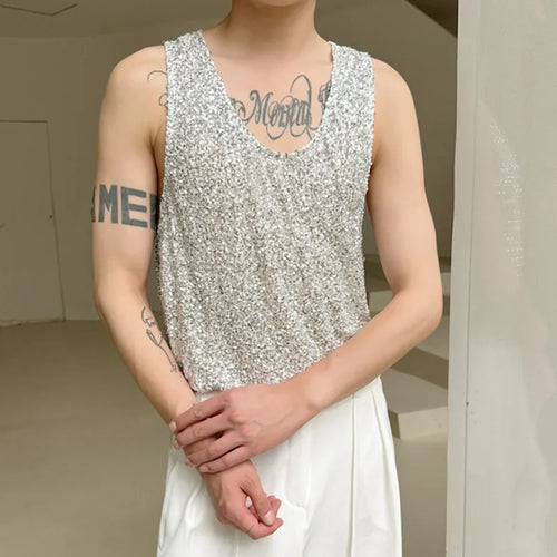 Load image into Gallery viewer, Summer Fashion Men&#39;s Tank Tops Solid Color Loose Round Neck Sleveeless Sequins Casual Male Top New Stylish 9C6109
