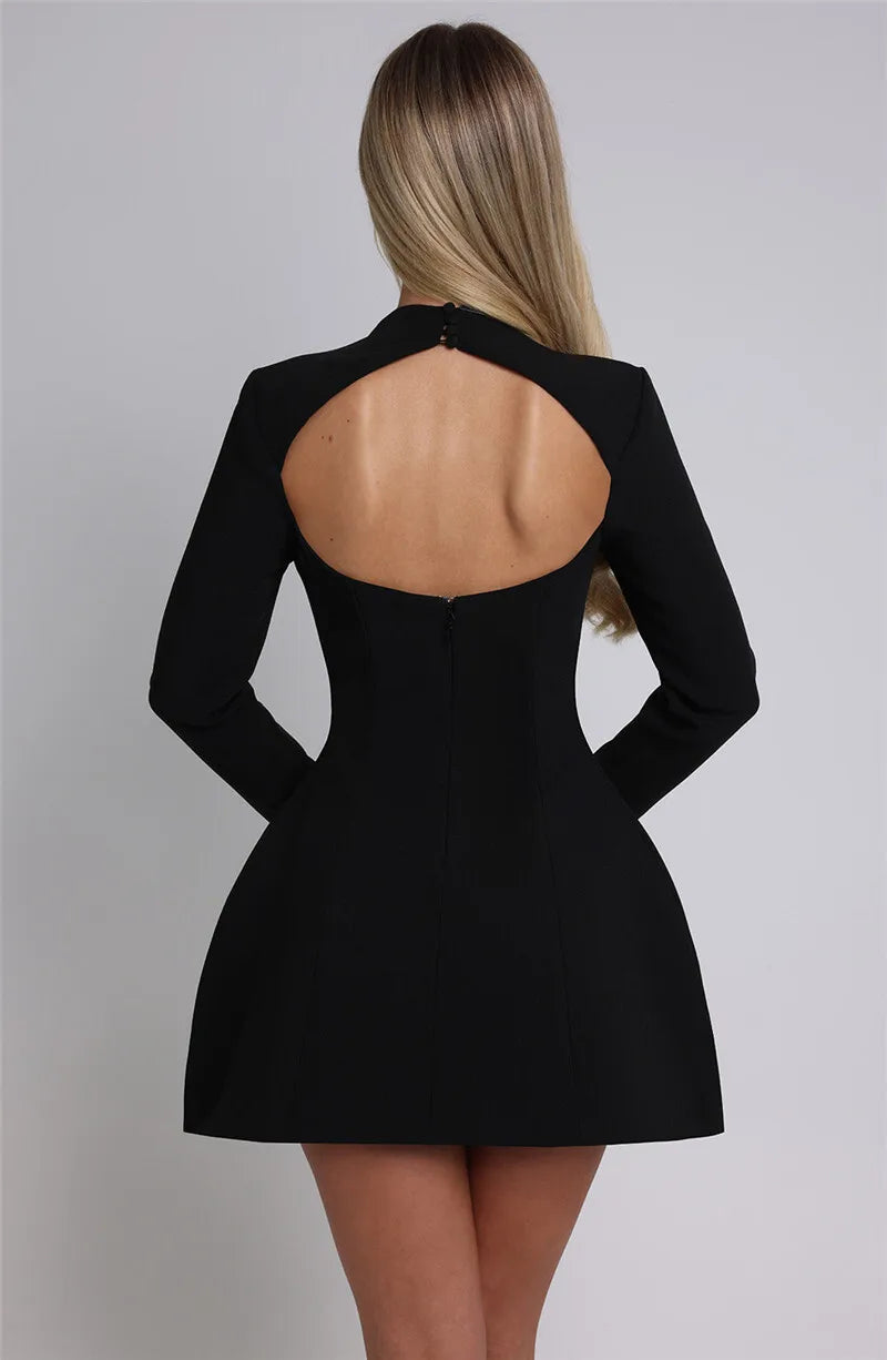 Long Sleeve Backless Sexy Mini Dress For Women Autumn Winter New O Neck High Waist A-line Club Party Sexy Dress Elegant