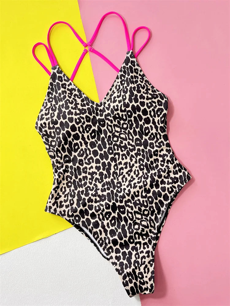 Pink Leopard One Piece Swimsuit 2024 Swimwear for Women Sexy High Cut Bathing Suit Backless High Waist Monokini