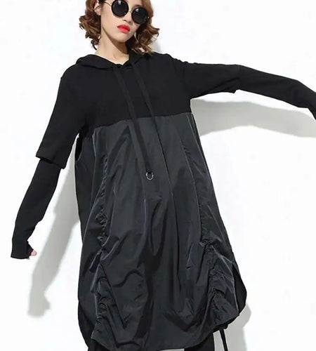 Women Black Drawstring Hollow Out Big Size Irregular Dress New Hooded Long Sleeve Fashion Tide Spring Autumn 2025 JD076