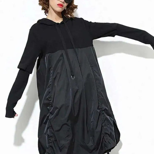 Load image into Gallery viewer, Women Black Drawstring Hollow Out Big Size Irregular Dress New Hooded Long Sleeve Fashion Tide Spring Autumn 2025 JD076

