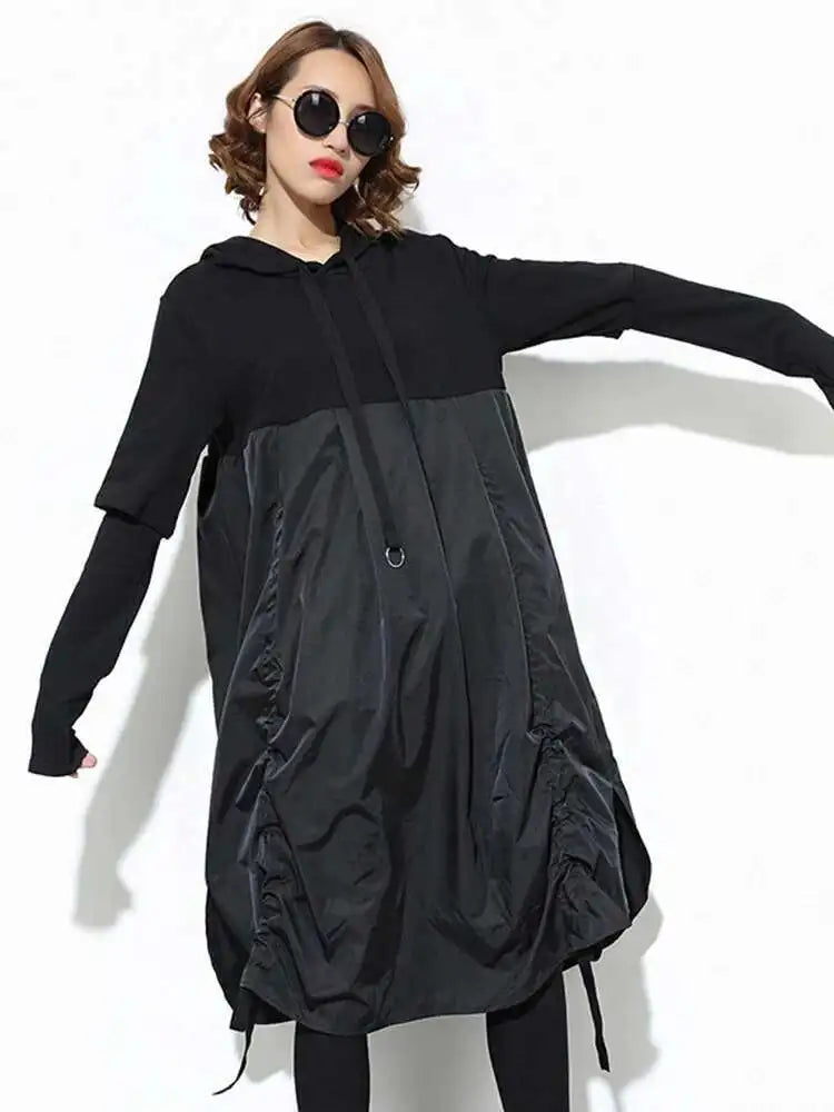 Women Black Drawstring Hollow Out Big Size Irregular Dress New Hooded Long Sleeve Fashion Tide Spring Autumn 2025 JD076
