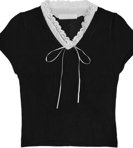 Knitted T Shirts Women Clothing Patchwork Lace V-neck Short Sleeve Tees Summer Camisetas Bandage Bow Tunic Casual T-shirt Tops