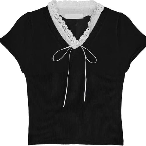 Load image into Gallery viewer, Knitted T Shirts Women Clothing Patchwork Lace V-neck Short Sleeve Tees Summer Camisetas Bandage Bow Tunic Casual T-shirt Tops
