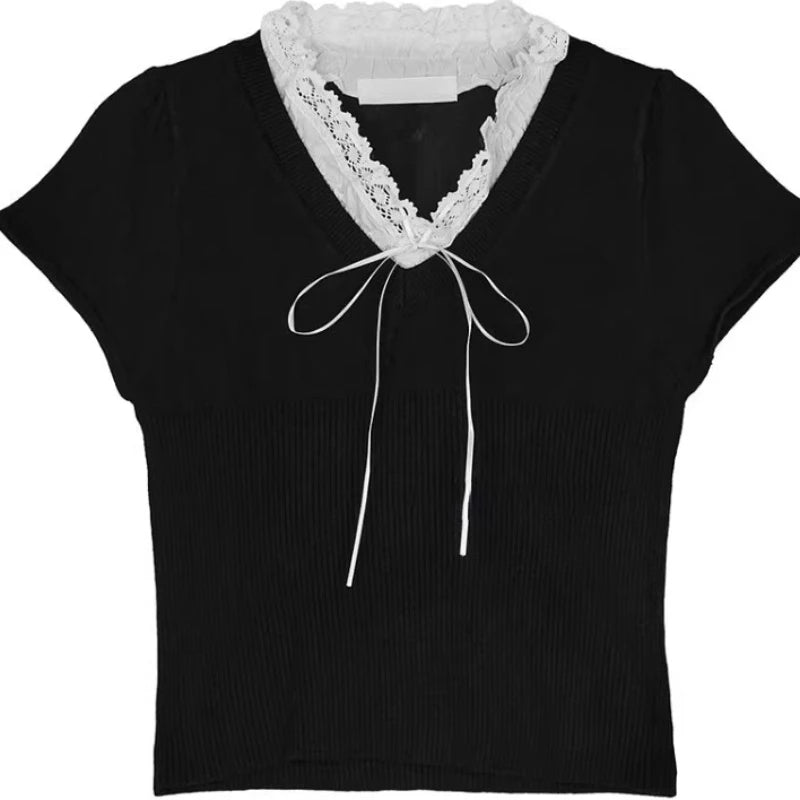 Knitted T Shirts Women Clothing Patchwork Lace V-neck Short Sleeve Tees Summer Camisetas Bandage Bow Tunic Casual T-shirt Tops