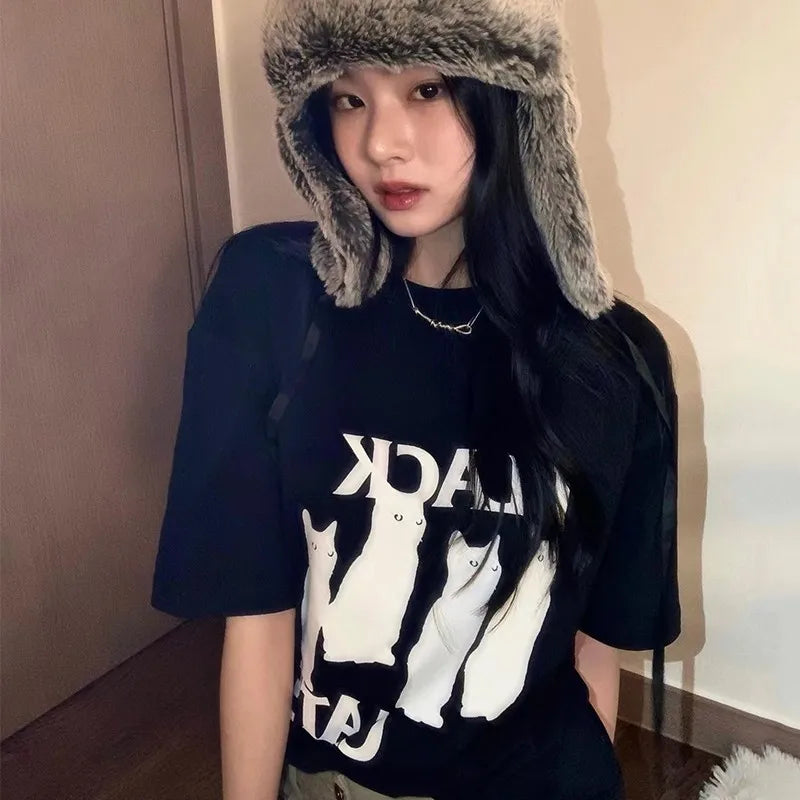 Korean Fashion Cat Print T-shirt Grunge Oversized Short Sleeve Tshirts Kpop Kawaii Chic Tops Women Japanese Streetwear