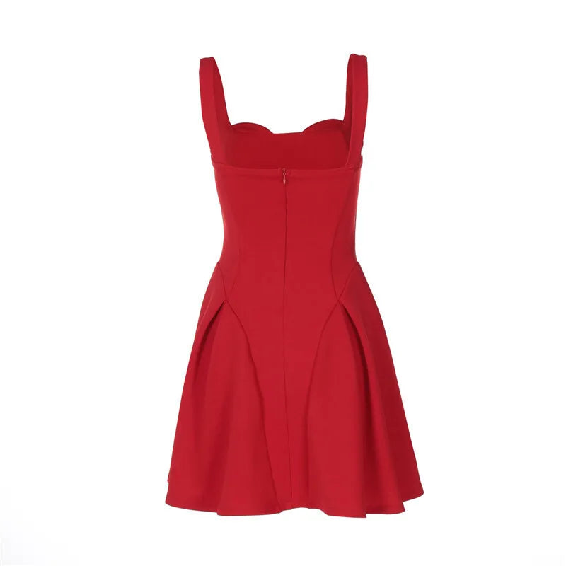 Spaghetti Strap Backless Sexy Mini Dress For Women Robe Solid Sleeveless High Waist A-line Pleated Club Party Dress