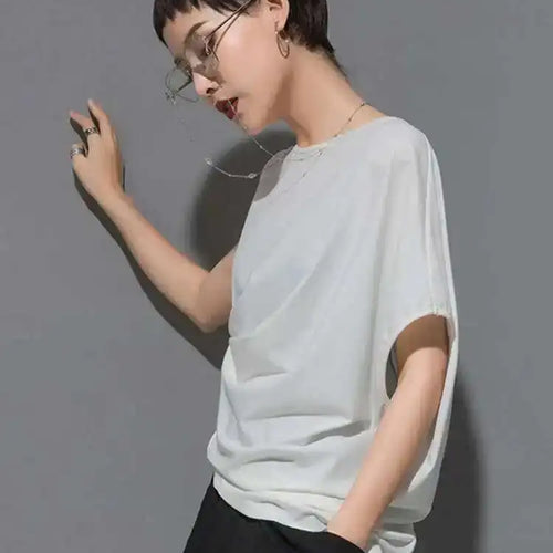 Load image into Gallery viewer, Women Black Asymmetric Pleated Big Size T-shirt New Round Neck Batwing Sleeve Fashion Tide Spring Summer 2025 1DF4667
