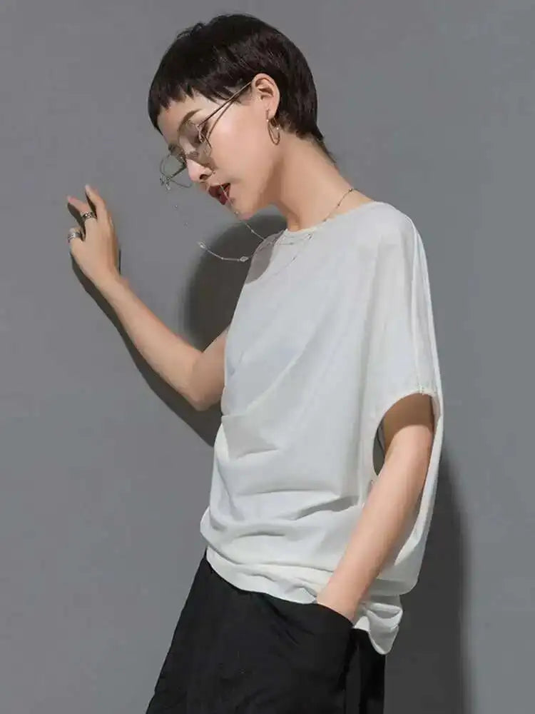 Women Black Asymmetric Pleated Big Size T-shirt New Round Neck Batwing Sleeve Fashion Tide Spring Summer 2025 1DF4667