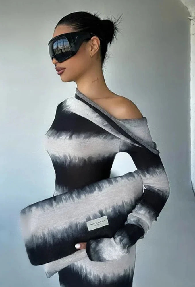 Black and White Striped Asymmetrical One Shoulder Long Sleeve Maxi Dress Fall 2024 Fashion Women Outfits C66-CI40