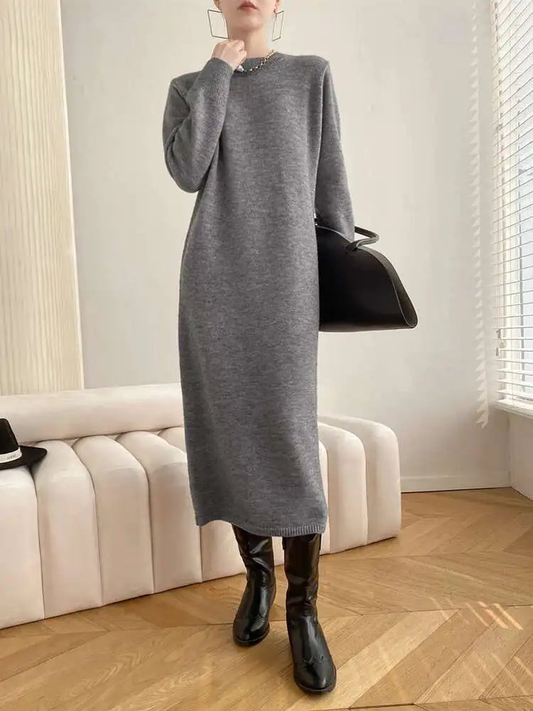 Women Rose Red Casual Midi Elegant Knitting Dress New Round Neck Long Sleeve Fashion Tide Spring Autumn 2025 1DH6450