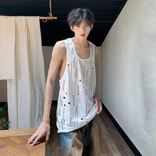 Load image into Gallery viewer, Casual Thin Men&#39;s Tank Tops Fashion Loose Round Collar Hollow Out Hole Male Tops Solid Color Chic Sunmmer 9C6106
