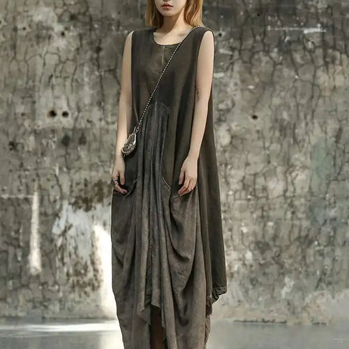 Load image into Gallery viewer, Women Orange Pleated Vintage Casual Dress New Round Neck Sleeveless Loose Fit Fashion Tide Spring Summer 2025 1DF6825
