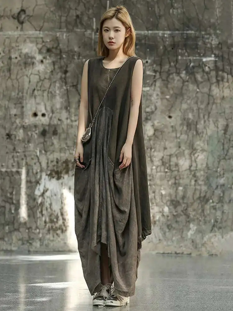 Women Orange Pleated Vintage Casual Dress New Round Neck Sleeveless Loose Fit Fashion Tide Spring Summer 2025 1DF6825