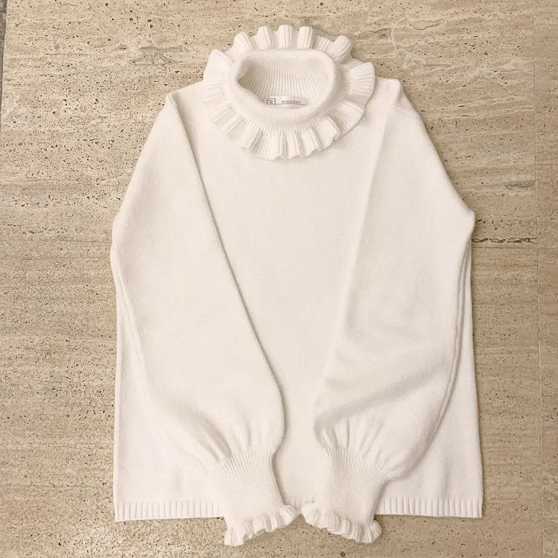 Kawaii Ruffle High Collar Sweater Women Japanese Vintage Soft Girl Lantern Sleeve Cute Lolita Knitted Jumper Pullover