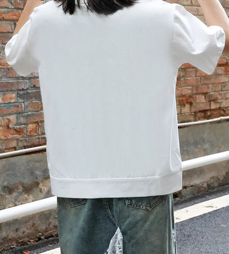 Women White Pocket Zipper Big Size Casual T-shirt New Round Neck Short Sleeve Fashion Tide Spring Summer 2025 1DJ0416