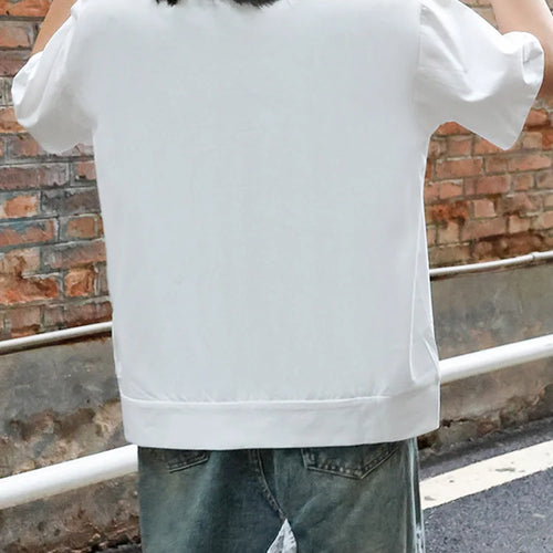 Load image into Gallery viewer, Women White Pocket Zipper Big Size Casual T-shirt New Round Neck Short Sleeve Fashion Tide Spring Summer 2025 1DJ0416
