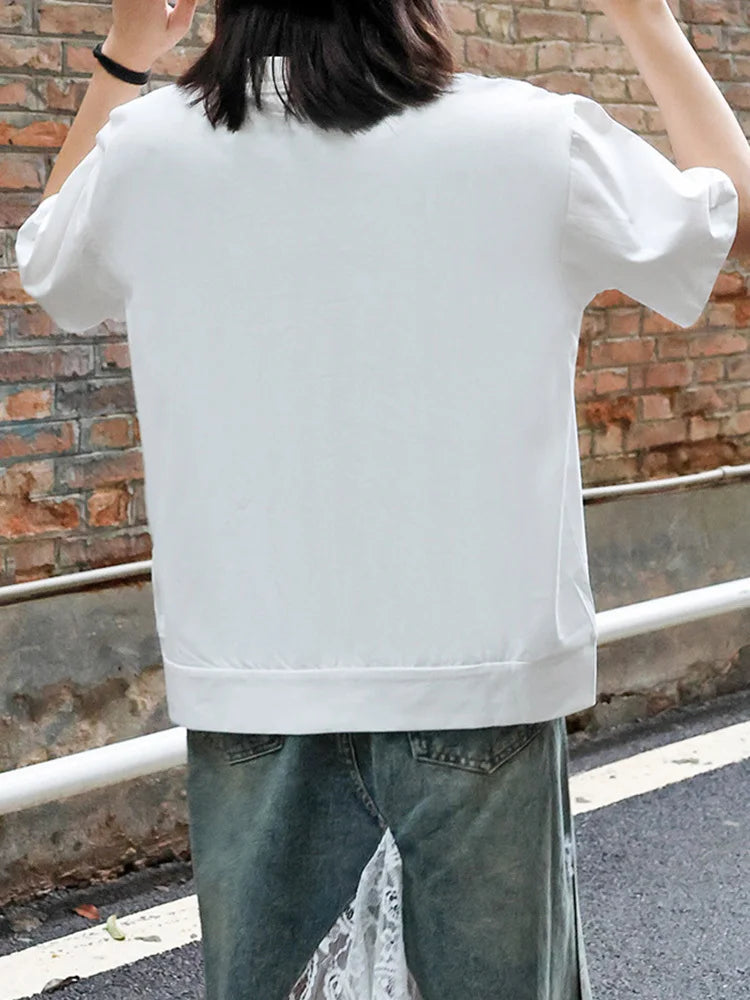 Women White Pocket Zipper Big Size Casual T-shirt New Round Neck Short Sleeve Fashion Tide Spring Summer 2025 1DJ0416