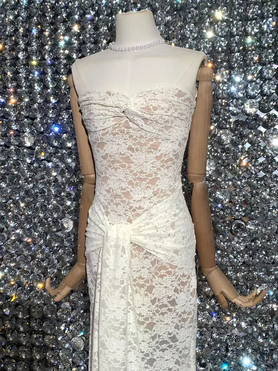 Solid Spliced Lace Up Slimming Dresses For Women Strapless Sleeveless High Wist Temperament Long Dress Female New