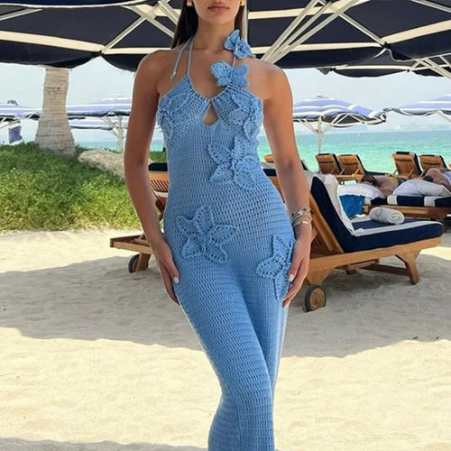 Load image into Gallery viewer, See Through Crochet Floral Knit Sexy Maxi Dress For Women Halter Sleeveless Backless Party Long Dress Beachwear New
