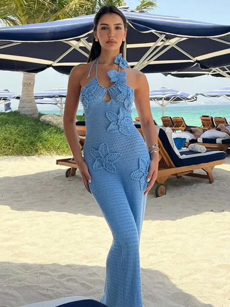 See Through Crochet Floral Knit Sexy Maxi Dress For Women Halter Sleeveless Backless Party Long Dress Beachwear New