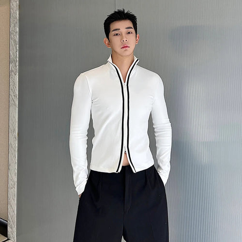 Load image into Gallery viewer, Korean Style Long Sleeve T-shirt Fashion Men&#39;s Clothing Versatile Double Zipper High Collar Cardigan Elgance Male 9C2954
