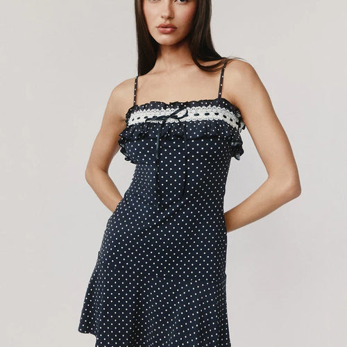 Load image into Gallery viewer, Spaghetti Strap Polka Dot Mini Dress For Women Robe Contrast Color Off-shoulder Sleeveless Backless Club Party Dress
