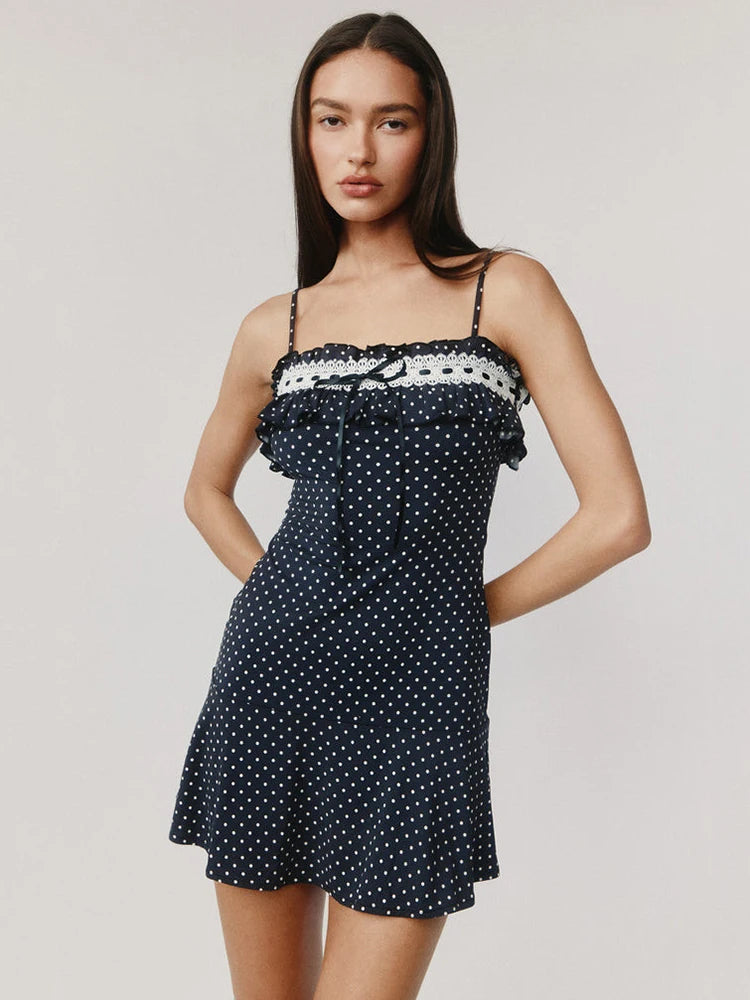 Spaghetti Strap Polka Dot Mini Dress For Women Robe Contrast Color Off-shoulder Sleeveless Backless Club Party Dress