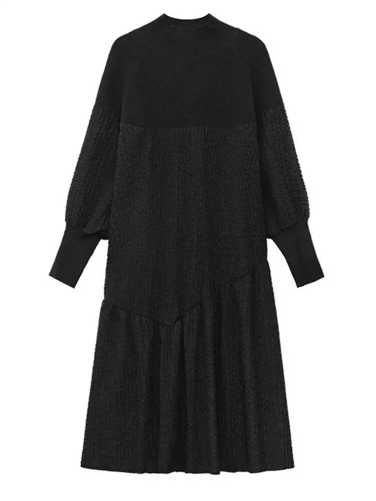 Women Black Knitting Big Size Long Dress New Turtleneck Long Sleeve Loose Fit Fashion Tide Spring Autumn 2025 1DH0797