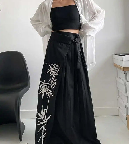 High Waist Black Printed Pleated Bandage Long Elegant Half-body Skirt Women Fashion Tide New Spring Autumn 2025 1DH0423