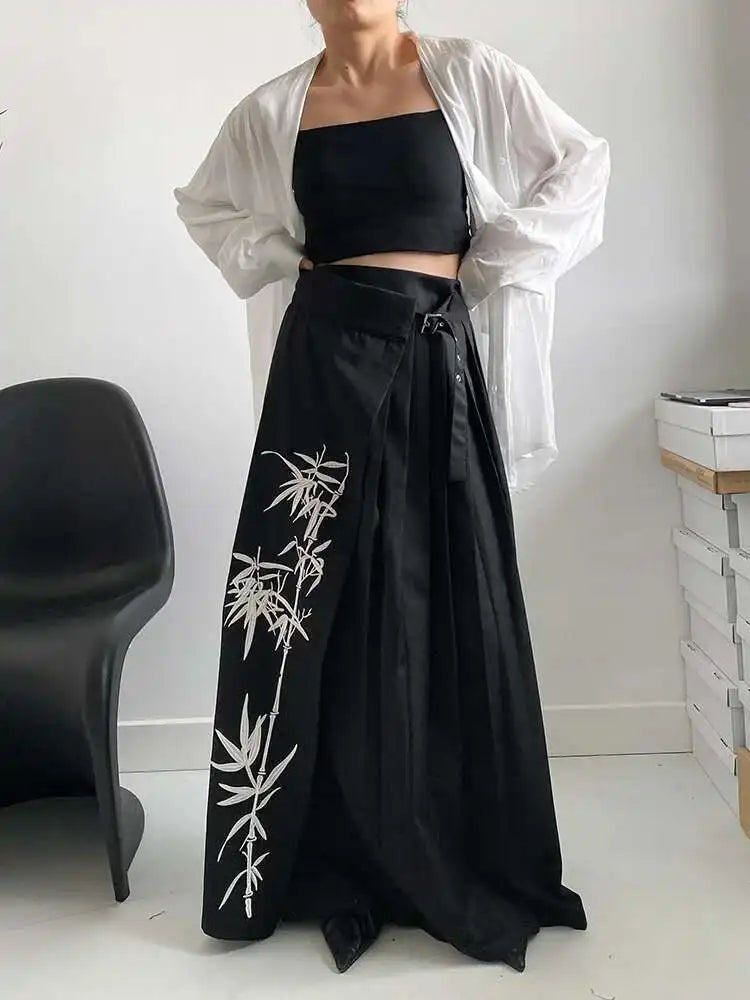 High Waist Black Printed Pleated Bandage Long Elegant Half-body Skirt Women Fashion Tide New Spring Autumn 2025 1DH0423