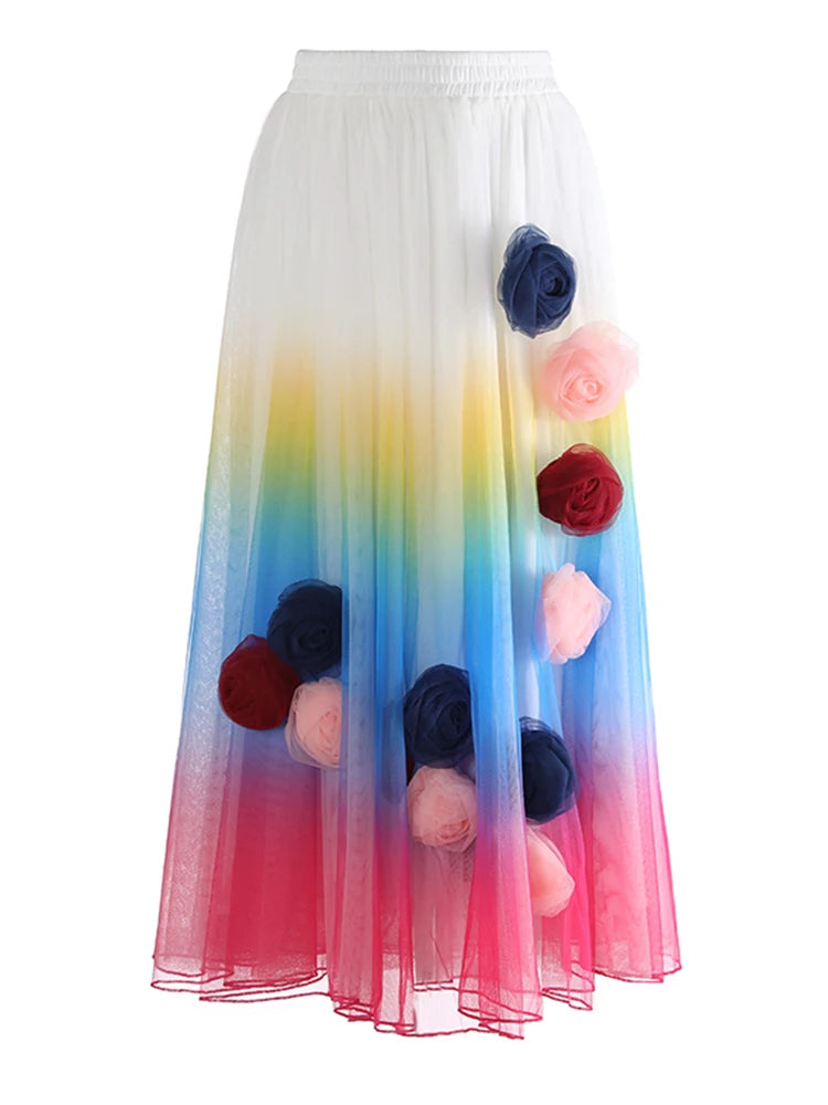 High Elastic Waist Blue 3D Flower Gradual Color Mesh A-line Half-body Skirt Women Fashion New Spring Autumn 2025  1DJ1259