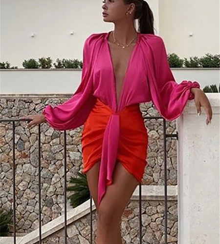 Sexy Deep V-neck Satin Two Piece Set Women Long Sleeve Top Short Skirt Sets Matching Casual Partywear Winter Women Set