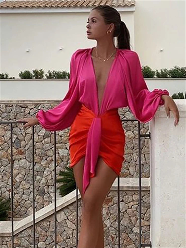 Sexy Deep V-neck Satin Two Piece Set Women Long Sleeve Top Short Skirt Sets Matching Casual Partywear Winter Women Set