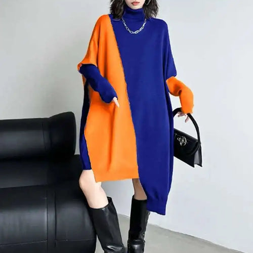 Load image into Gallery viewer, Women Gray Color-block Big Size Irregular Knitting Dress New Turtleneck Long Sleeve Fashion Spring Autumn 2025 1DH6561
