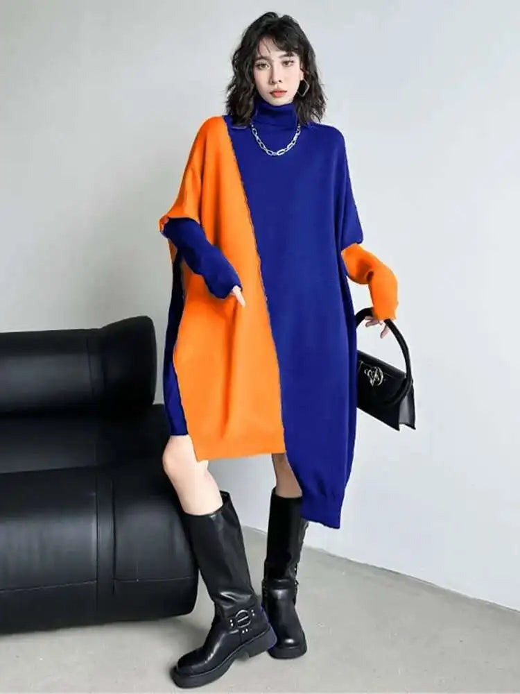 Women Gray Color-block Big Size Irregular Knitting Dress New Turtleneck Long Sleeve Fashion Spring Autumn 2025 1DH6561
