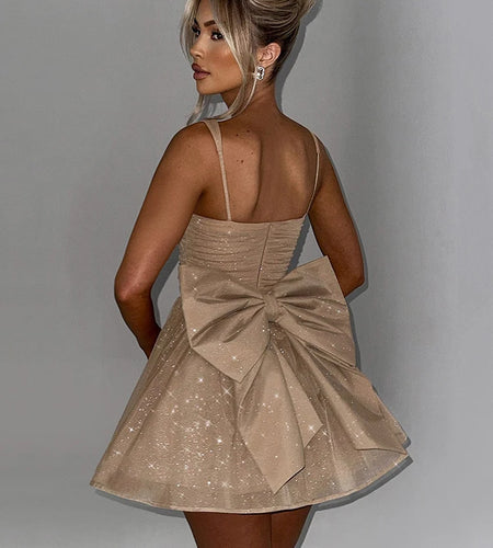 Bow Backless Sexy Mini Dress For Women Robe Spaghetti Strap Sleeveless Backless High Waist A-line Club Dress Vestido