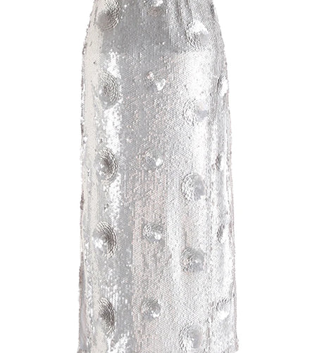 High Waist Silver Color Sequins Flower Elegant Long Half-body Skirt Women Fashion Tide New Spring Autumn 2025 1DH9955