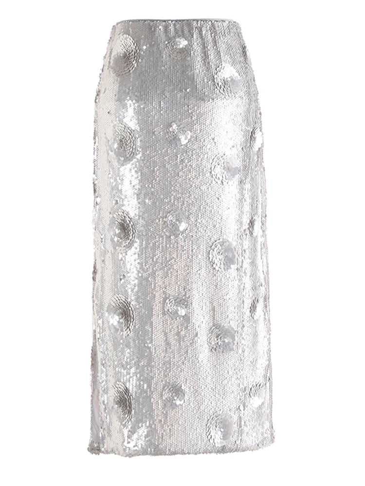High Waist Silver Color Sequins Flower Elegant Long Half-body Skirt Women Fashion Tide New Spring Autumn 2025 1DH9955