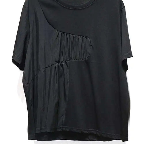 Load image into Gallery viewer, Women White Pleated Spliced Big Size Casual T-shirt New Round Neck Short Sleeve Fashion Tide Spring Summer 2025 1DJ0615
